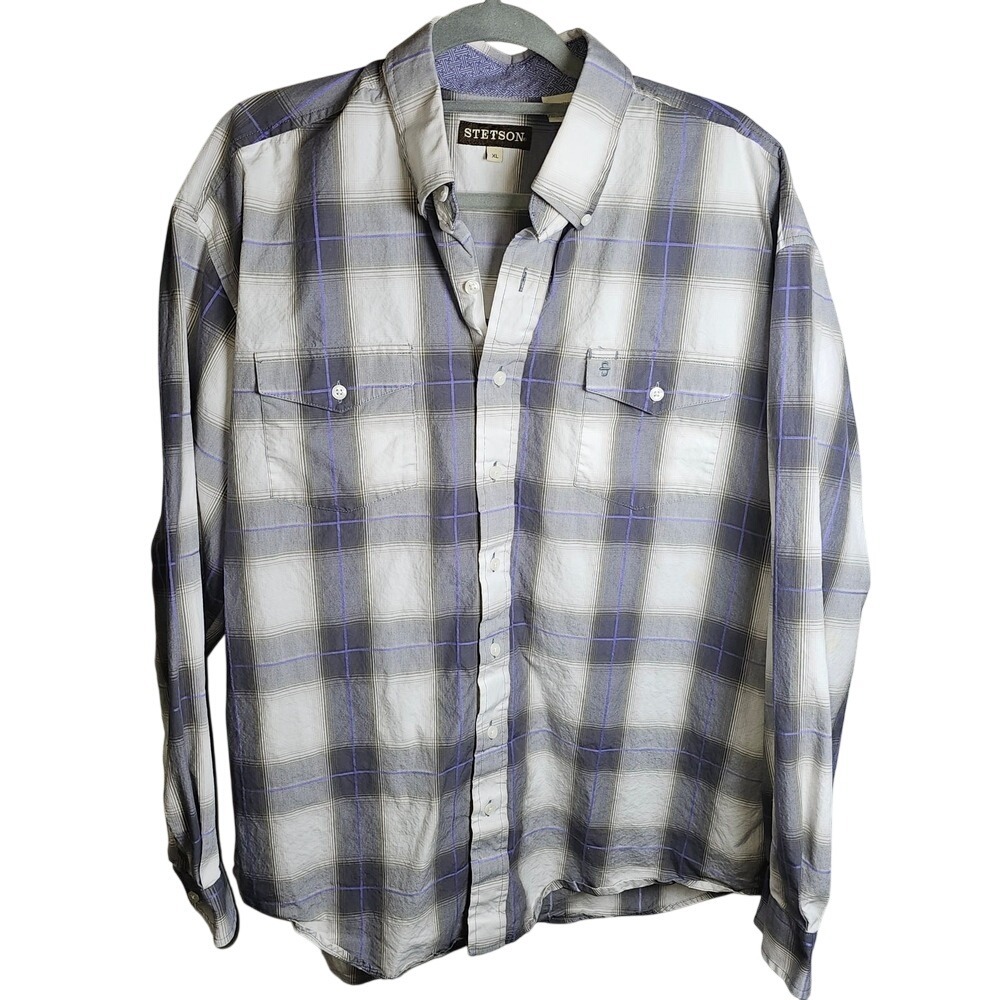 Stetson Western Lavender Grey and White Button Up Shirt 100% Cotton XL